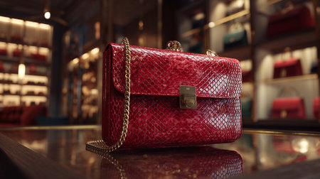 Luxurious red snakeskin handbag with golden chain on a glossy surface.の素材