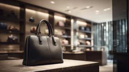 Elegant Black Leather Handbag Displayed in Upscale Boutique Shopping Environmentの素材