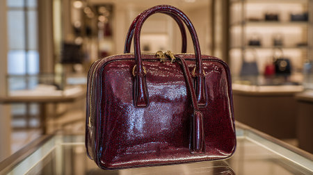 Elegant burgundy handbag with glossy finish displayed in boutique settingの素材