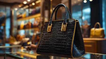 Sophisticated black leather handbag with elegant gold hardware in boutique displayの素材
