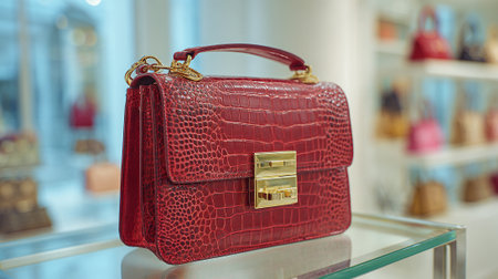 Elegant Red Alligator Handbag Displayed on Glass Shelf in Boutique Storeの素材