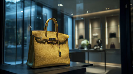 Exquisite Mustard Yellow Leather Handbag Displayed in Elegant Boutique Settingの素材