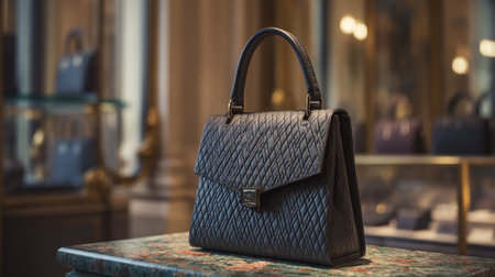 Elegant Quilted Leather Handbag Displayed on Marble Table in Boutique Settingの素材