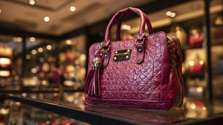 Elegant Red Leather Handbag Displayed on a Glass Shelf in Boutiqueの素材