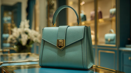 Stylish turquoise handbag displayed in a luxury boutique setting with soft lighting.の素材