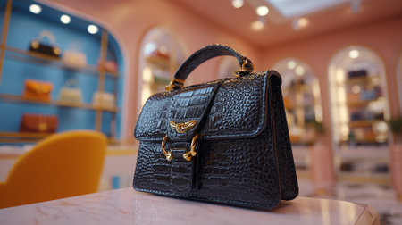 Elegant black crocodile handbag with gold hardware displayed in luxury boutiqueの素材