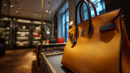 Exquisite Orange Leather Handbag Displayed in Upscale Boutique with Delicate Interiorの素材