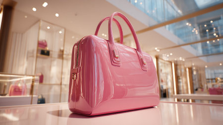 Stylish Shiny Pink Handbag Displayed Elegantly in a Boutique Storeの素材