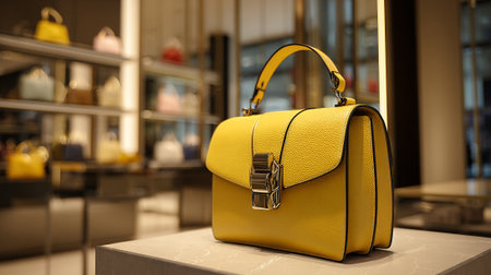 Elegant yellow leather handbag displayed on a sleek modern surface standの素材