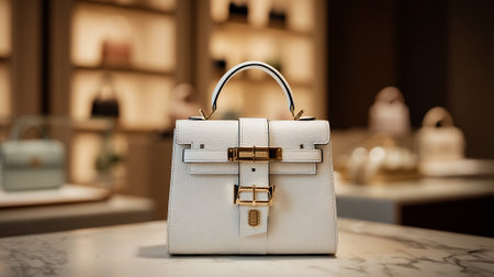 Chic and elegant white leather purse with gold accents in store.の素材