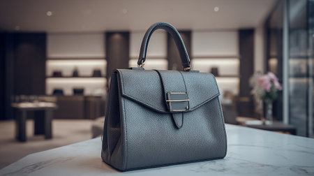 Elegant grey leather handbag displayed on a marble counter in a boutique.の素材