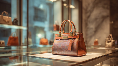 Luxurious brown leather handbag with gold accents on display shelfの素材