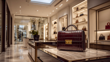 Elegant burgundy leather handbag showcasing high fashion within a luxury boutiqueの素材