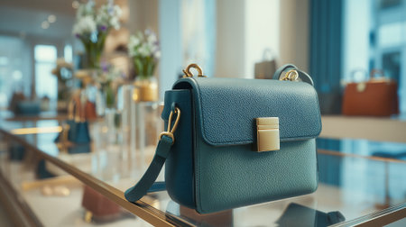 Elegant teal leather handbag with golden clasp on display in a boutiqueの素材