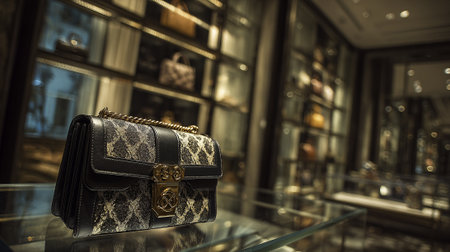 Luxurious Leather Handbag with Elegant Gold Hardware in a Chic Boutiqueの素材