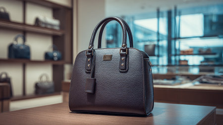 Sophisticated brown leather handbag displayed in upscale boutique interior setting on a table.の素材