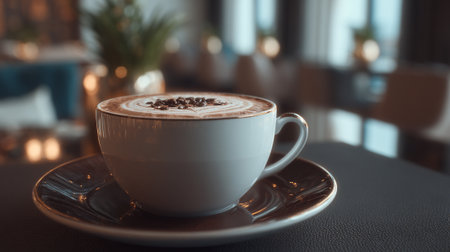 Elegant cappuccino adorned with coffee beans in a cafe settingの素材