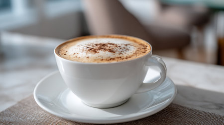 Frothy Cappuccino Garnished with Cocoa Powder in a White Cup and Saucerの素材