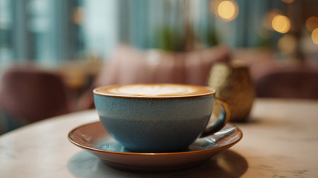 Elegant Coffee Cup with Artistic Latte Art in Cozy Ambienceの素材