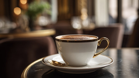 Elegant Cappuccino with Golden Accents in a Sophisticated Cafe Settingの素材