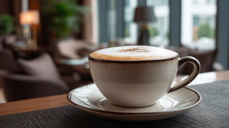 Elegant Cappuccino on Table in a Cozy Cafe Interior Sceneの素材