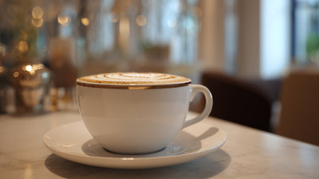 Aromatic cappuccino with latte art on a marble table exudes eleganceの素材