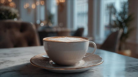 Elegant Coffee Cup Displaying Latte Art on a Marble Tabletop in Cafeの素材