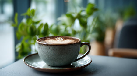 Delicious latte art displayed on a cup and saucer with plant background.の素材