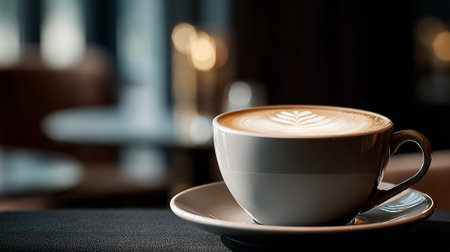 Elegant Latte Art in White Cup on Saucer with Blurred Backgroundの素材