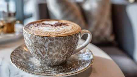 Elegant cappuccino with latte art served in patterned china cupの素材