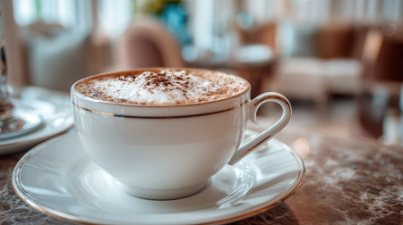 Delicious Cappuccino in Elegant White Cup with Gold Trim on Marble Tableの素材