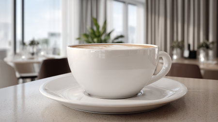 Elegant cappuccino with latte art in modern cafe setting, warm lightingの素材