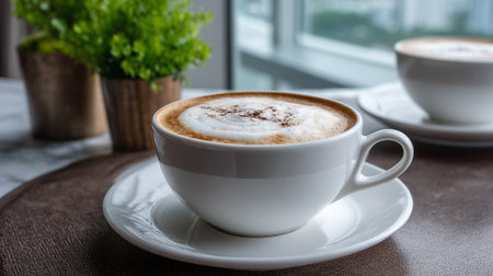 Frothy Cappuccino Delight with Greenery Beside a Light Filled Windowの素材