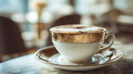Elegant cappuccino in a gold-trimmed cup on a marble table.の素材