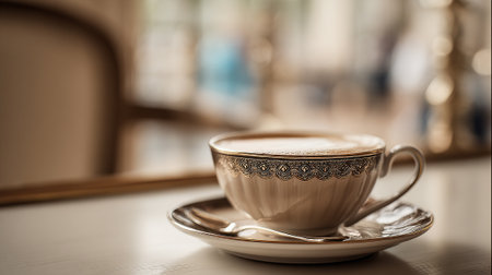Elegant Cappuccino in Vintage Cup on Saucer in a Cafe Sceneの素材