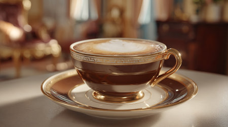 Elegant cappuccino in vintage porcelain cup, relaxing morning moment atmosphereの素材