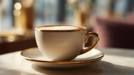 Elegant Cappuccino Delight: Golden Accents on White Cup and Saucerの素材