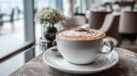 Delicious Cappuccino Latte Art in Cafe with Flower Arrangement by Windowの素材