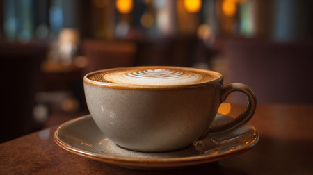 Exquisite Latte Art in Warm, Cozy Ambiance Perfect for Coffee Loversの素材