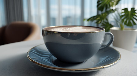 Elegant cup of coffee with latte art on table near a plantの素材