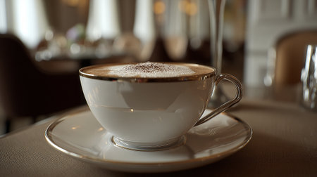 Elegant cup of cappuccino adorned with chocolate dusting on a neutral surfaceの素材