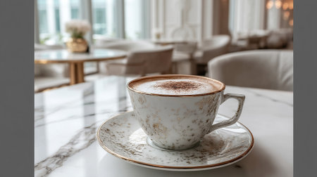 Elegant Coffee Cup on Marble Table in a Luxury Cafe Settingの素材