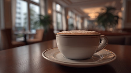 Frothy Cappuccino Delight: A Moment of Serenity in a Cozy Cafeの素材
