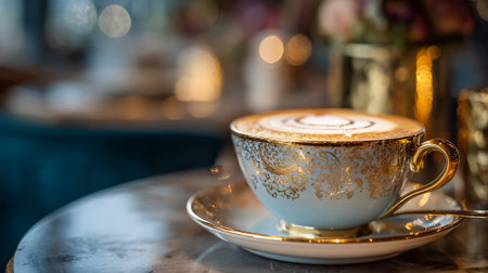 Elegant cappuccino in a decorative porcelain cup with a golden saucerの素材
