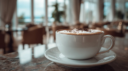 Elegant cappuccino presented beautifully in upscale setting, morning beverage enjoyment.の素材