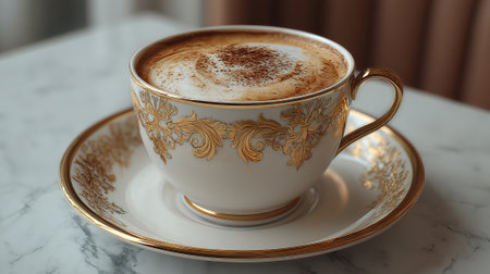 Elegant cappuccino in a gilded porcelain cup and saucer on marble surfaceの素材