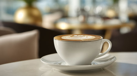 Elegant cappuccino art in a white cup at a upscale cafe setting.の素材