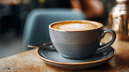 Cappuccino Delight: A Cup of Art on a Wooden Tableの素材