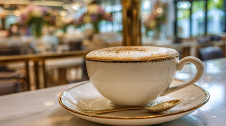 Elegant cappuccino in white cup on saucer with gold trim at cafeの素材