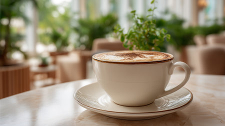 Elegant cappuccino cup and saucer with green plant background ambianceの素材